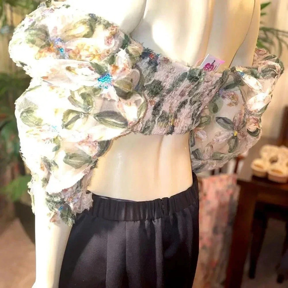 STORiA IVORY AND SAGE SEQUIN BABY DOLL CROP TOP WITH PUFF SLEEVES SIZE SMALL - Picture 8 of 15